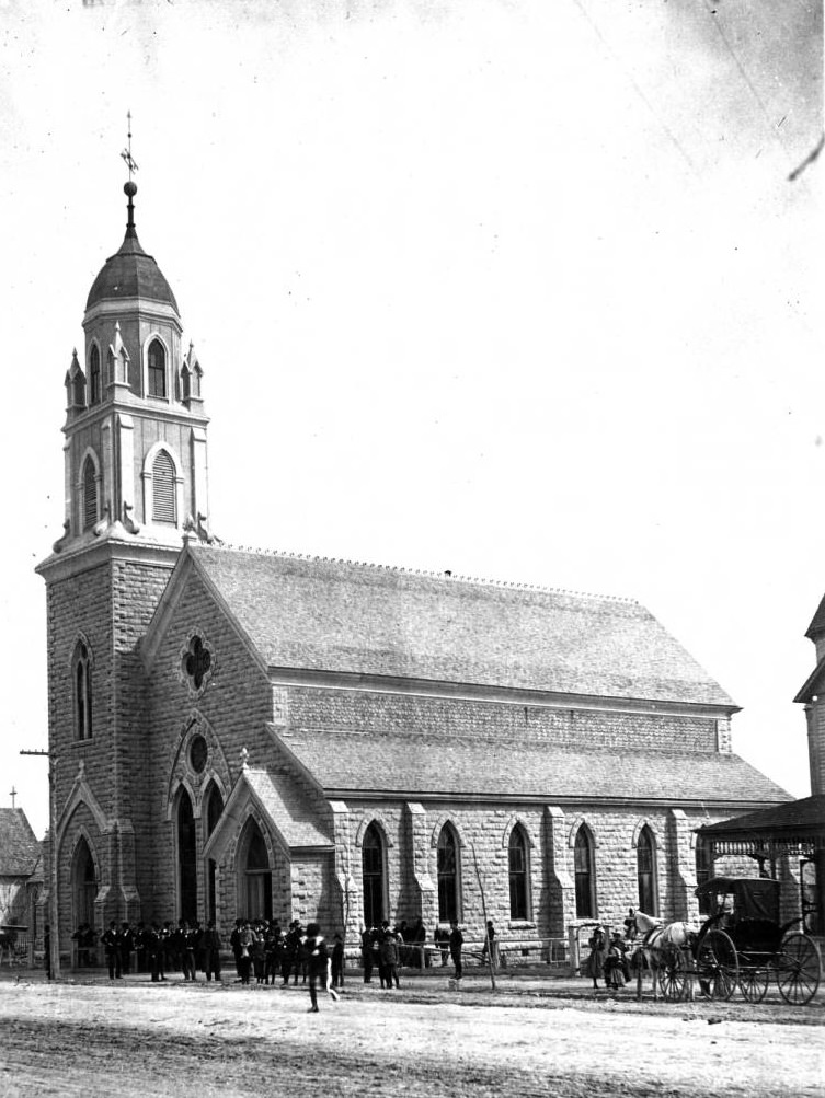 Church in Weatherford with parishioners and a carriage, 1896.