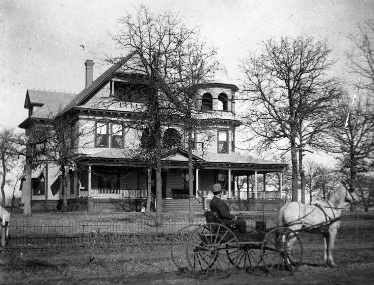 Victorian style residence in Denton with horse-drawn carriage, 1895