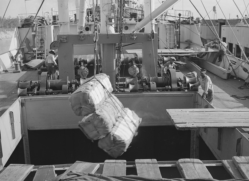 Loading cotton into a ship's hold at the Port of Houston, Texas, 1939