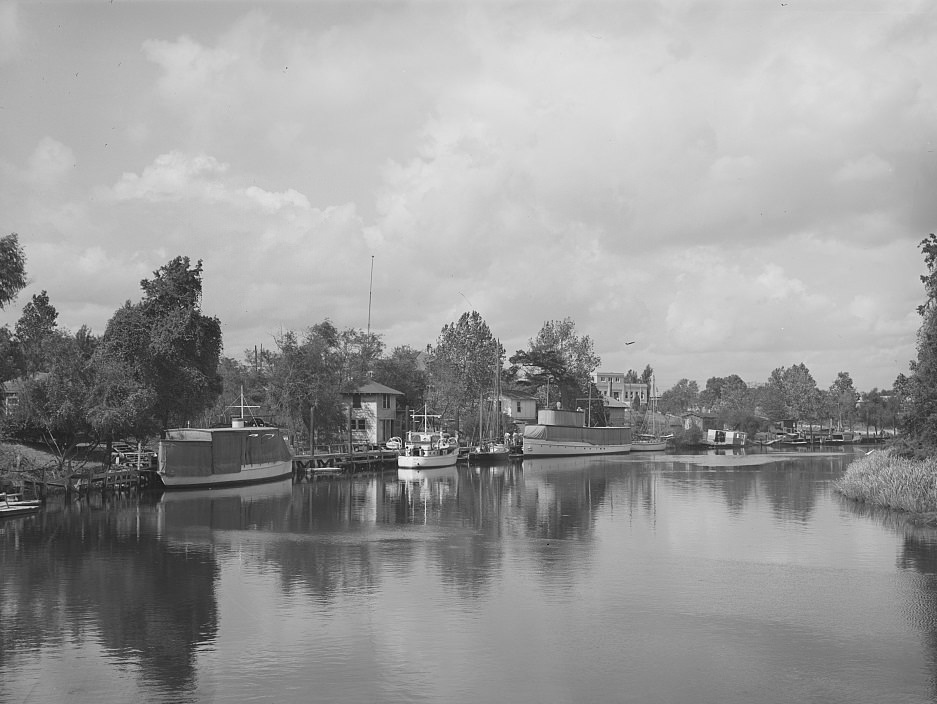 Former main ship channel at the Port of Houston, Texas, converted into a yacht pen, 1939