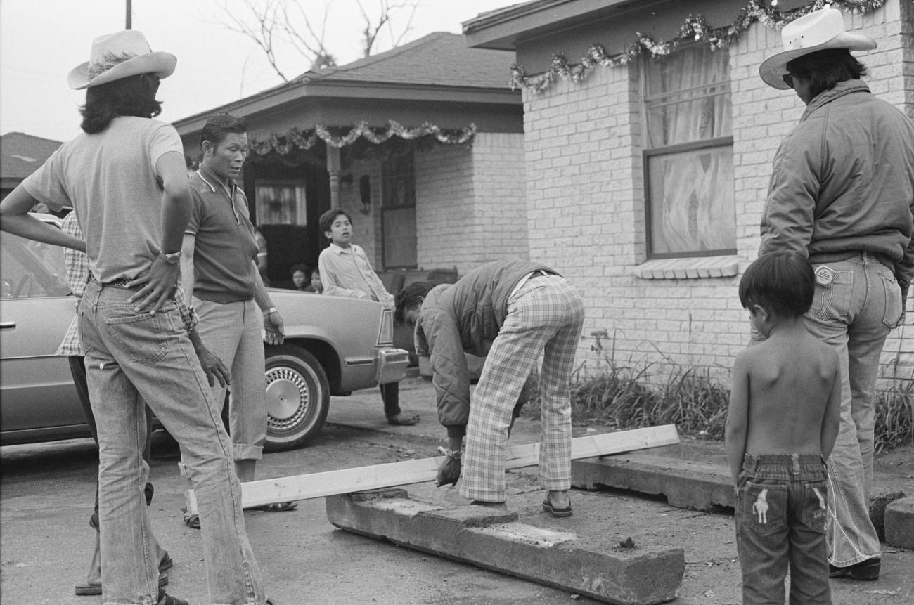 Preparations for Khmer New Year celebration at Khmer Village in Houston, 1990s