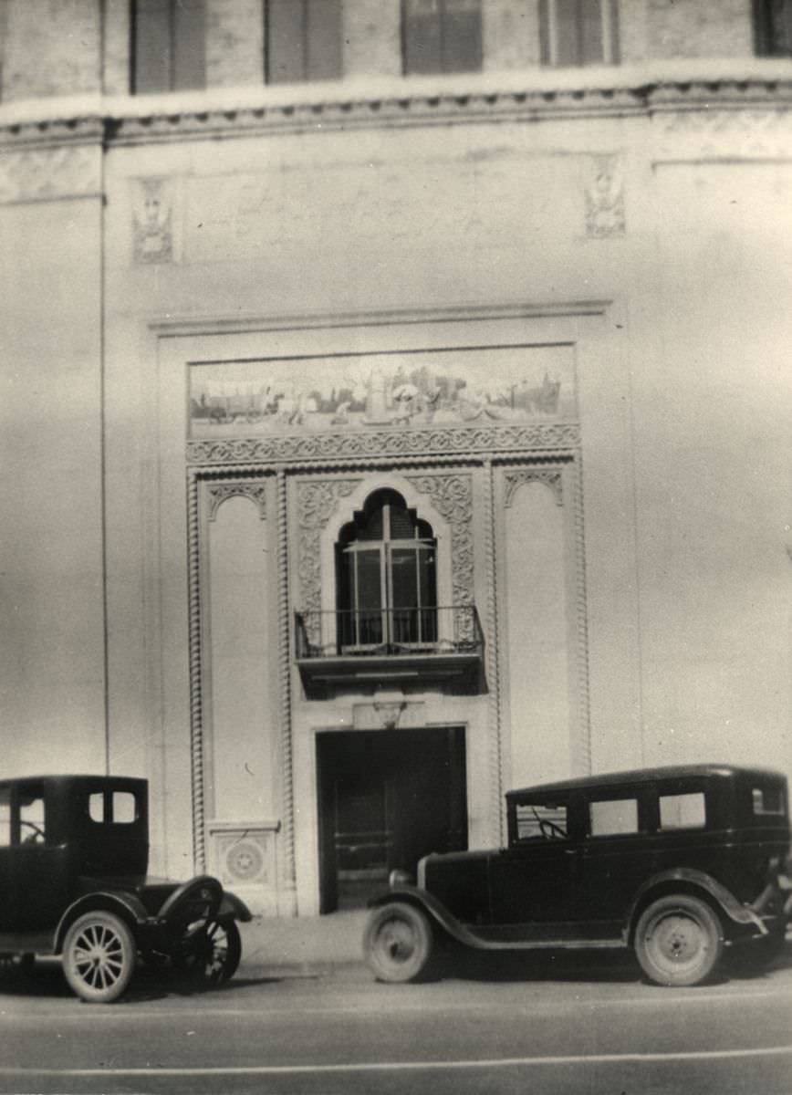 Decorated doorway and balcony with "San Jacinto Trust Company" embossed, 1920s.