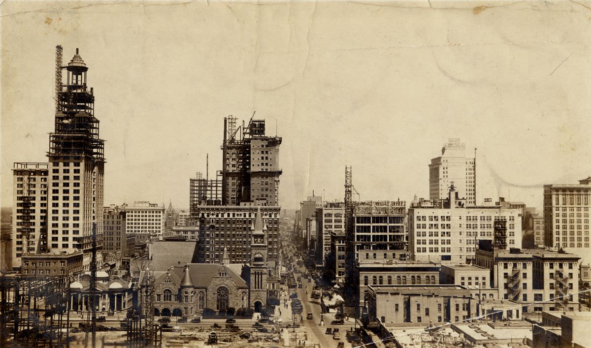 Main Street view from Lamar Avenue during construction boom, Houston, 1927.