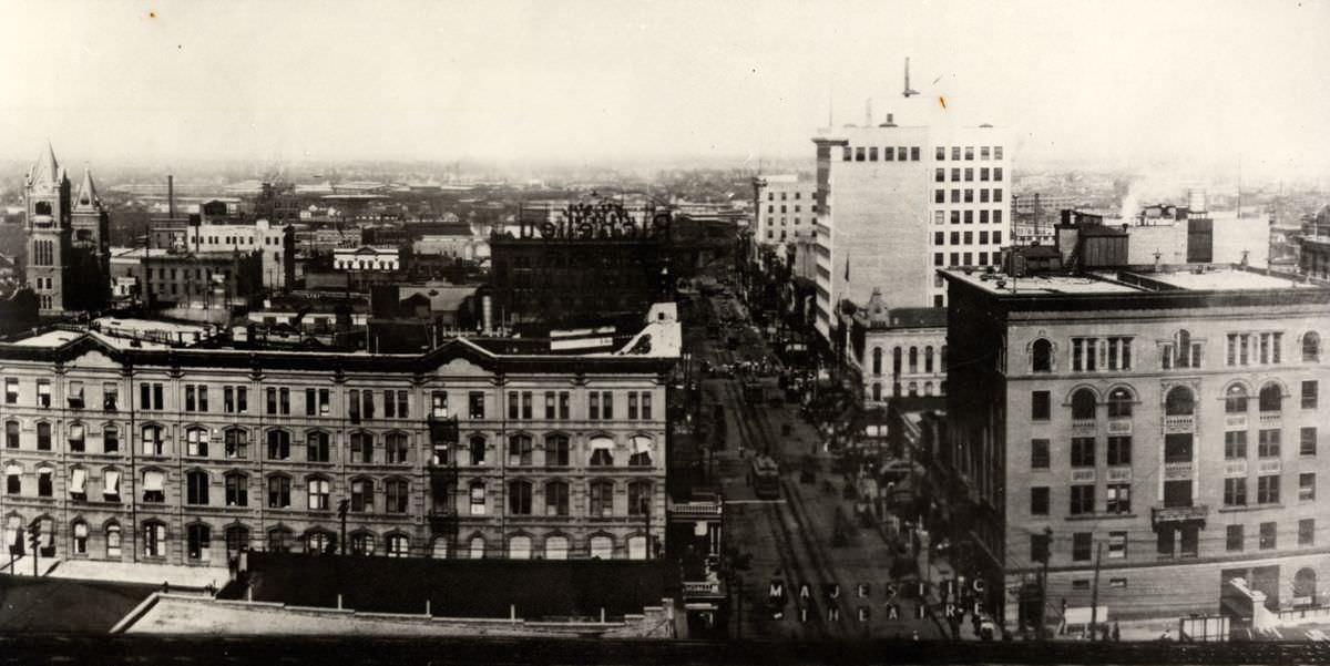 Main Street with Rice Hotel and Binz Building, Houston, 1923.