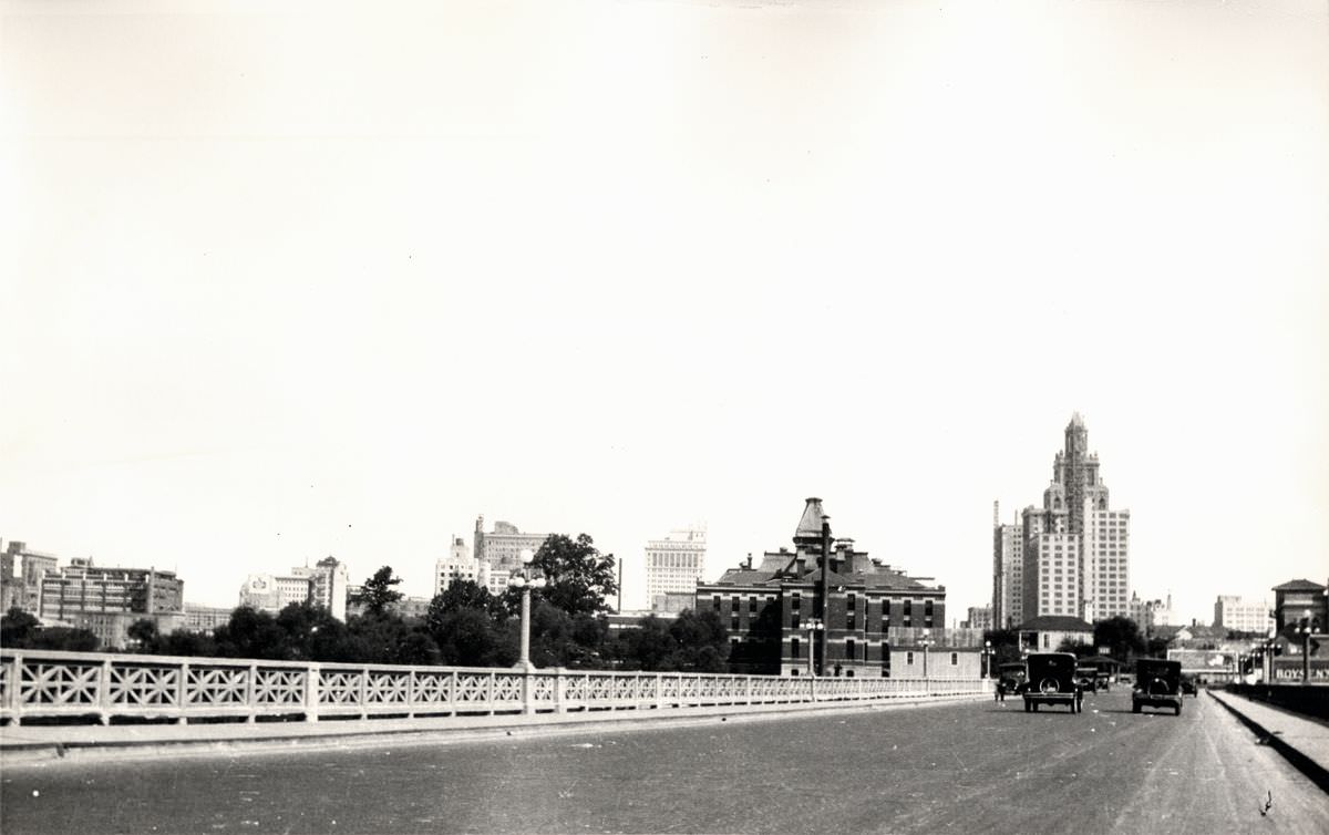 Houston skyline view from street level bridge, 1927.