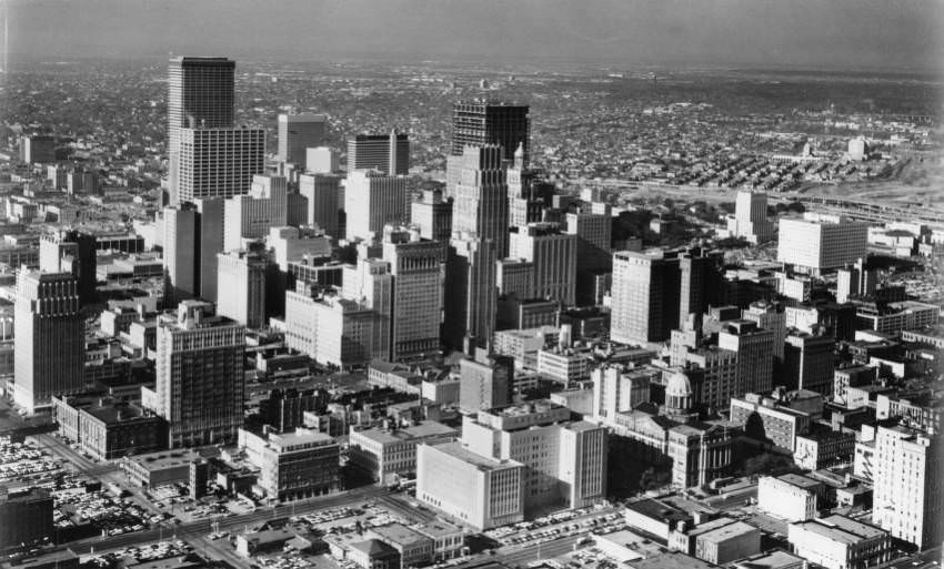 Downtown Houston cityscape with City Hall, 1930s