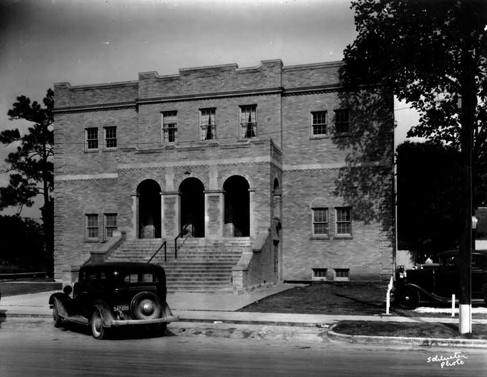 National Guard Armory with automobiles, Houston, 1937.