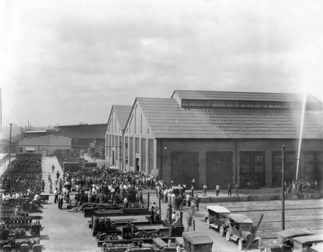 Railroad shop workers at fire prevention demonstration, 1920s