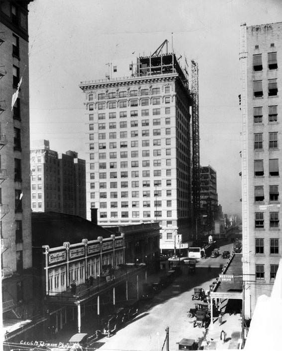 Building under construction in Houston's central business district, 1930s
