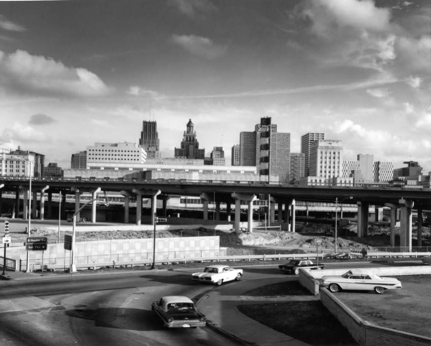 Cars driving towards Gulf Freeway, Houston, 1961.