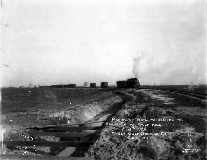 Train making at Gulf Hill for Santa Fe, Texas Gulf Sulphur Company, Gulf, Texas, February 8, 1924.