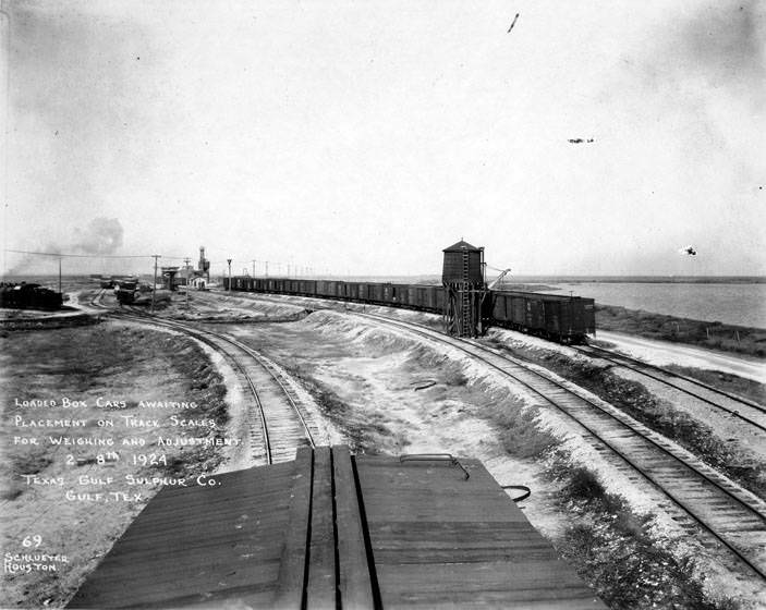 Loaded railroad box cars at Texas Gulf Sulphur Company, Gulf, Texas, February 8, 1924.