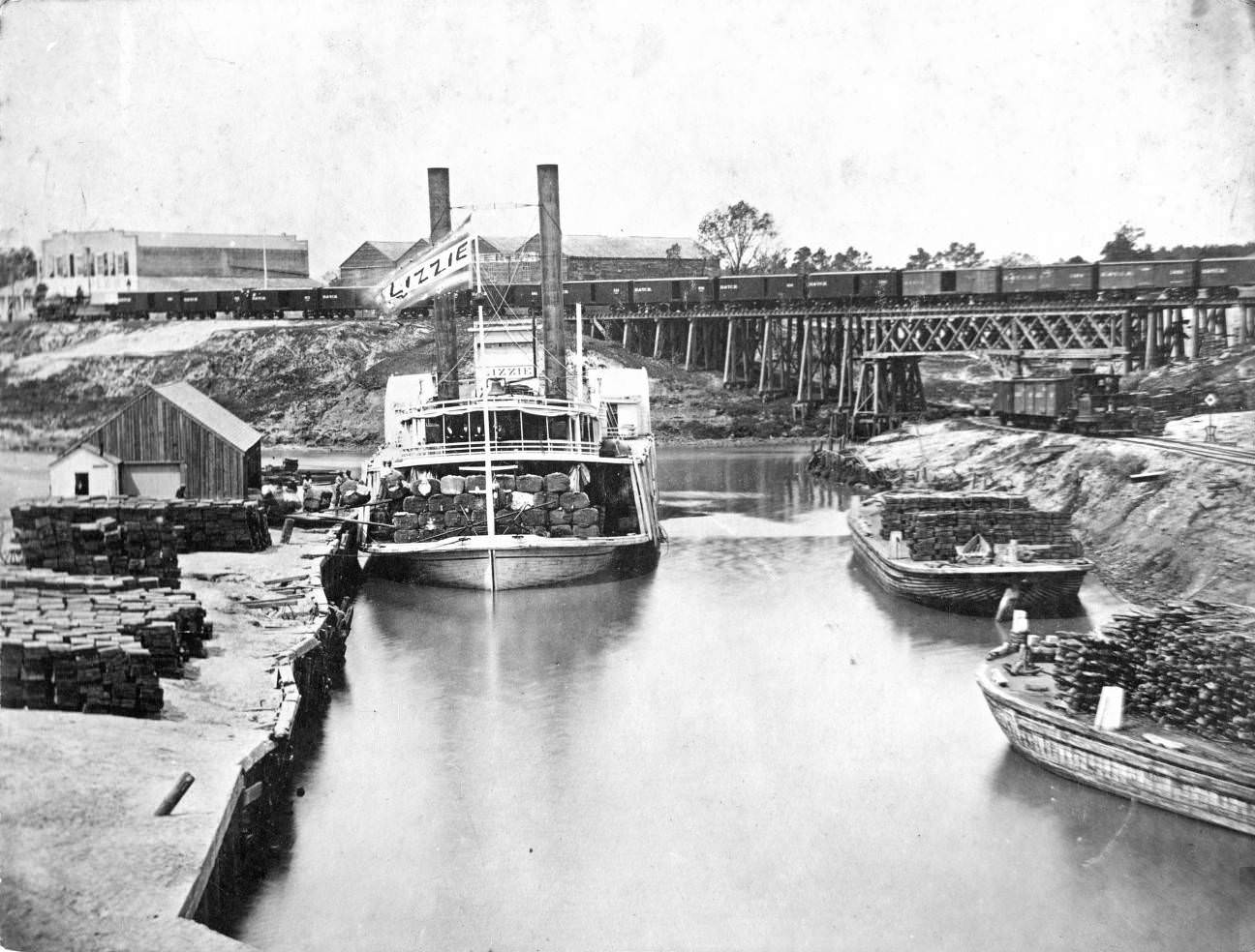 Boats in Buffalo Bayou, Houston, 1910s.
