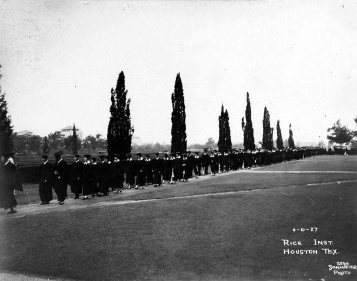 Rice Institute graduates walking to graduation, Houston, 1927.