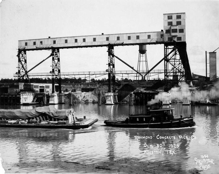 Tugboat pulling barge, Houston Ship Channel, 1926.