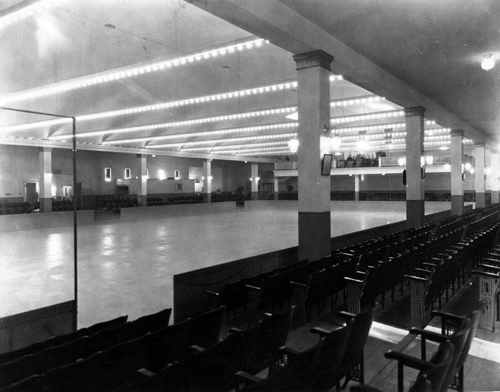 Interior of unidentified building, possibly an ice skating rink, 1920s