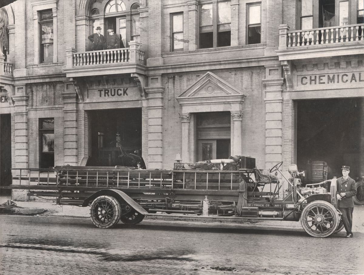 Firefighter with equipment, Central Fire Station, 1921.