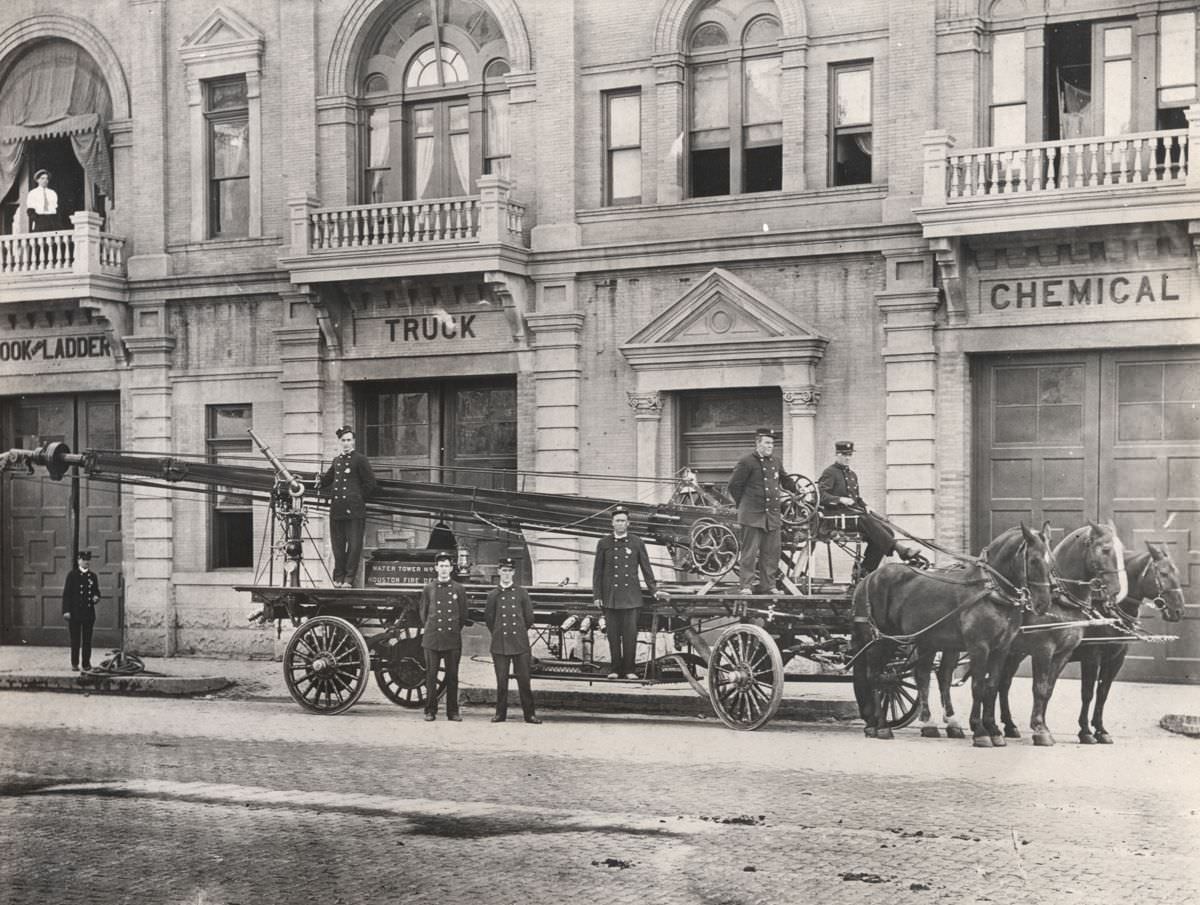 Firefighters with horse-drawn truck, Central Fire Station, 1921.