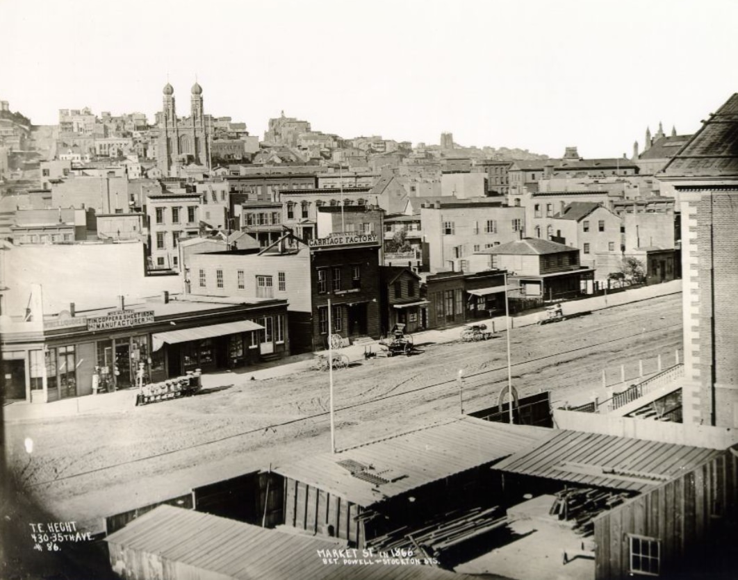 Market Street in 1866 between Powell and Stockton Streets