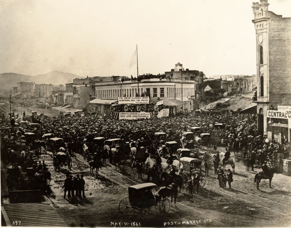 Great Union demonstration for Washington's birthday at Post, Montgomery, and Market streets, 1861