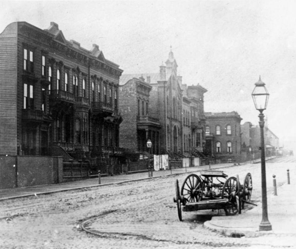Cobblestoned Geary Street west of Stockton Street, 1867