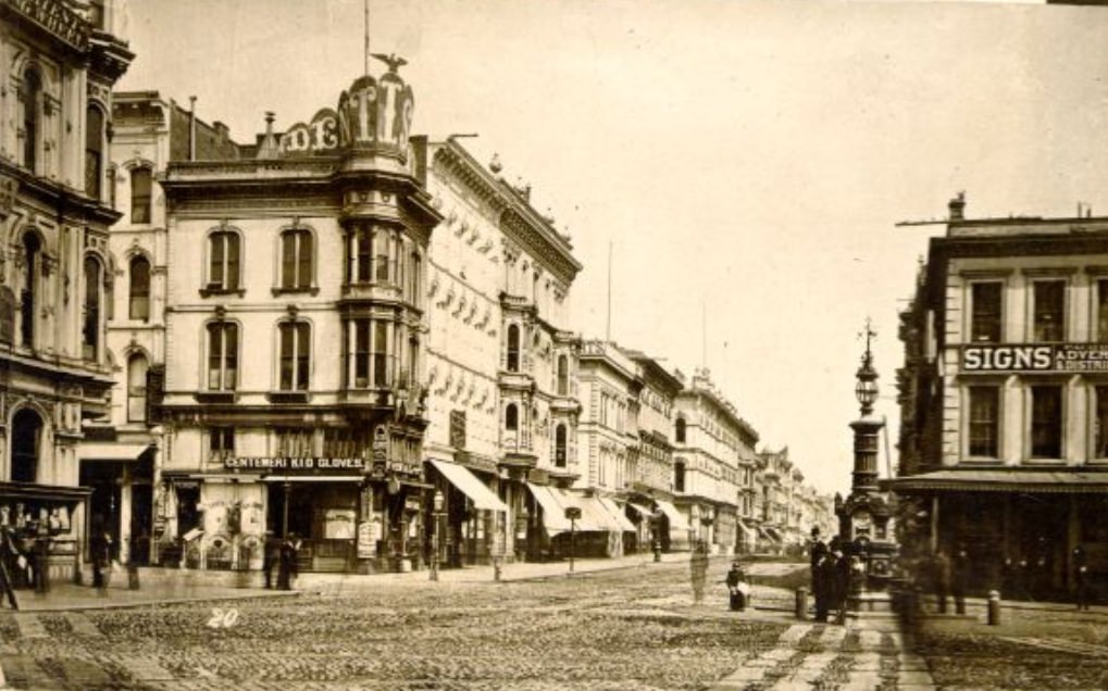 West side of Kearny Street, north from Lotta's Fountain, 1870