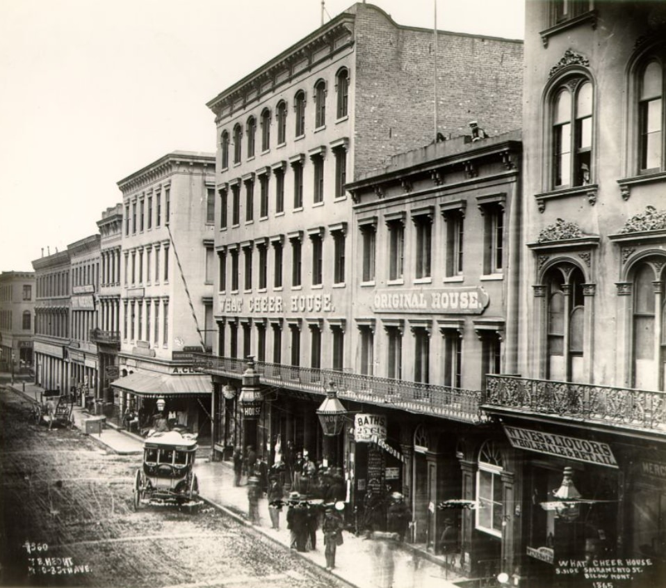 Exterior of the What Cheer House on the south side of Sacramento Street below Montgomery, 1865