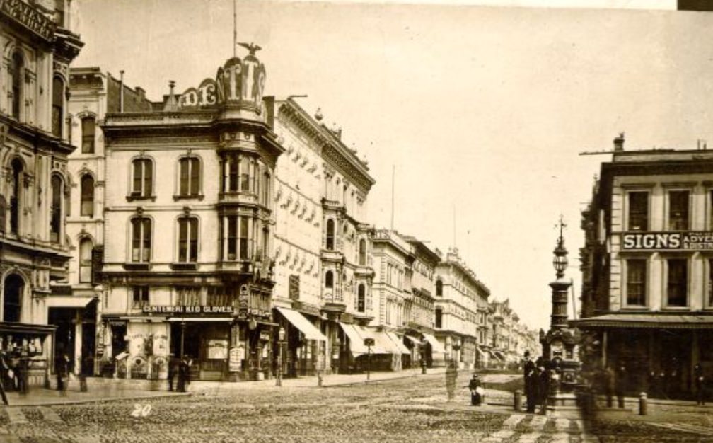 West side of Kearny Street, north from Lotta's Fountain, 1870