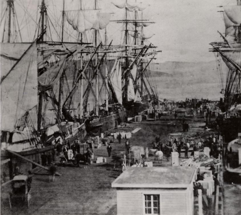 View of the Vallejo Street wharf looking out towards the Bay, 1860