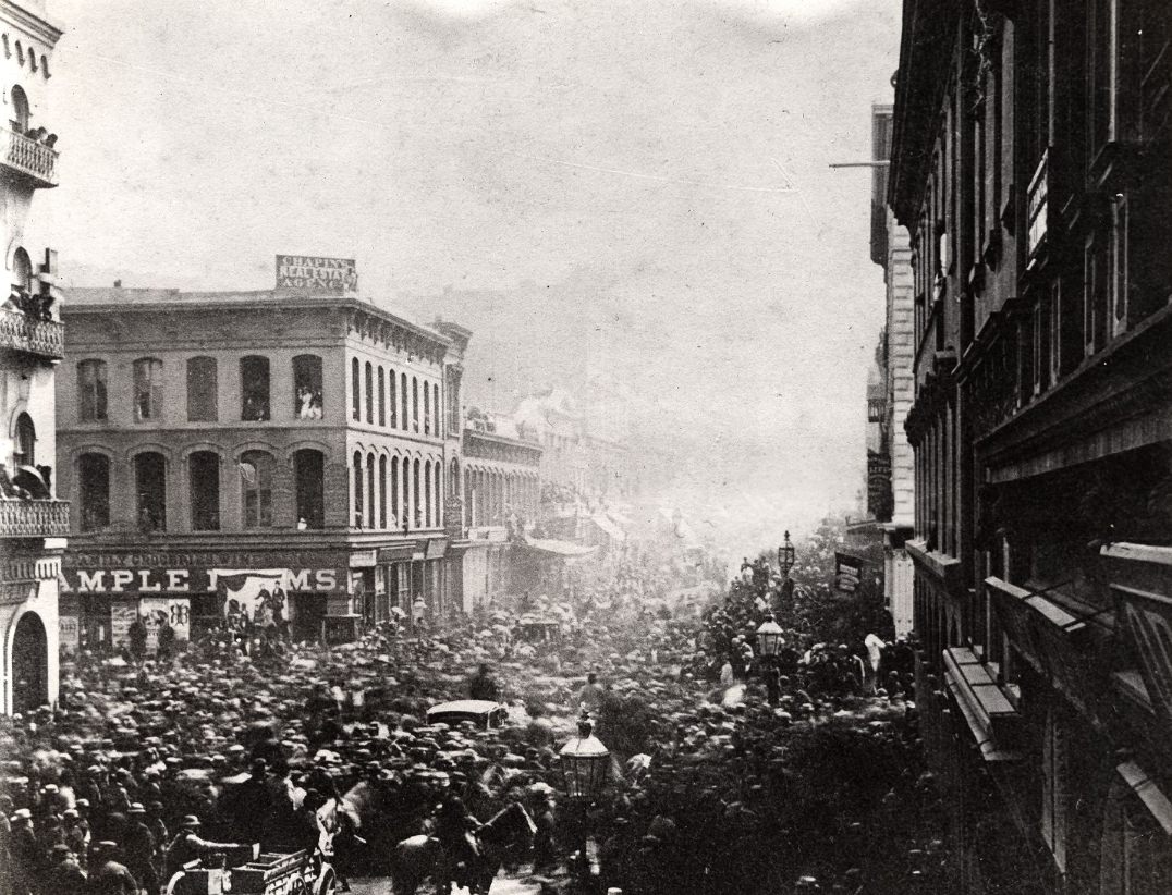 Looking south on Montgomery at California Street, 1867