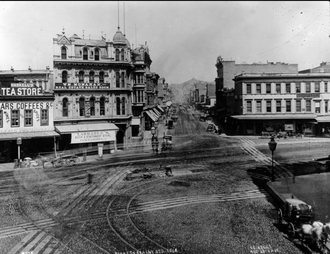 Looking down Kearny Street from Market Street, 1868