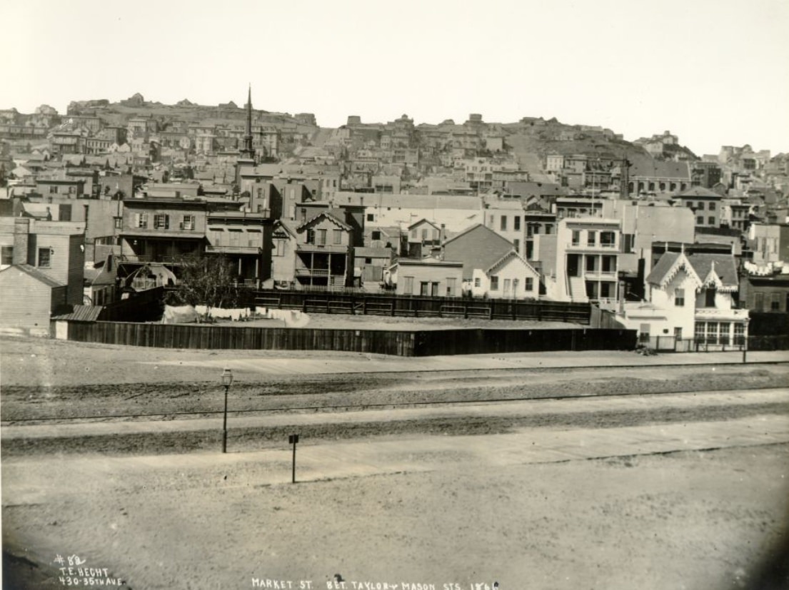 Market Street between Taylor & Mason Streets, 1866