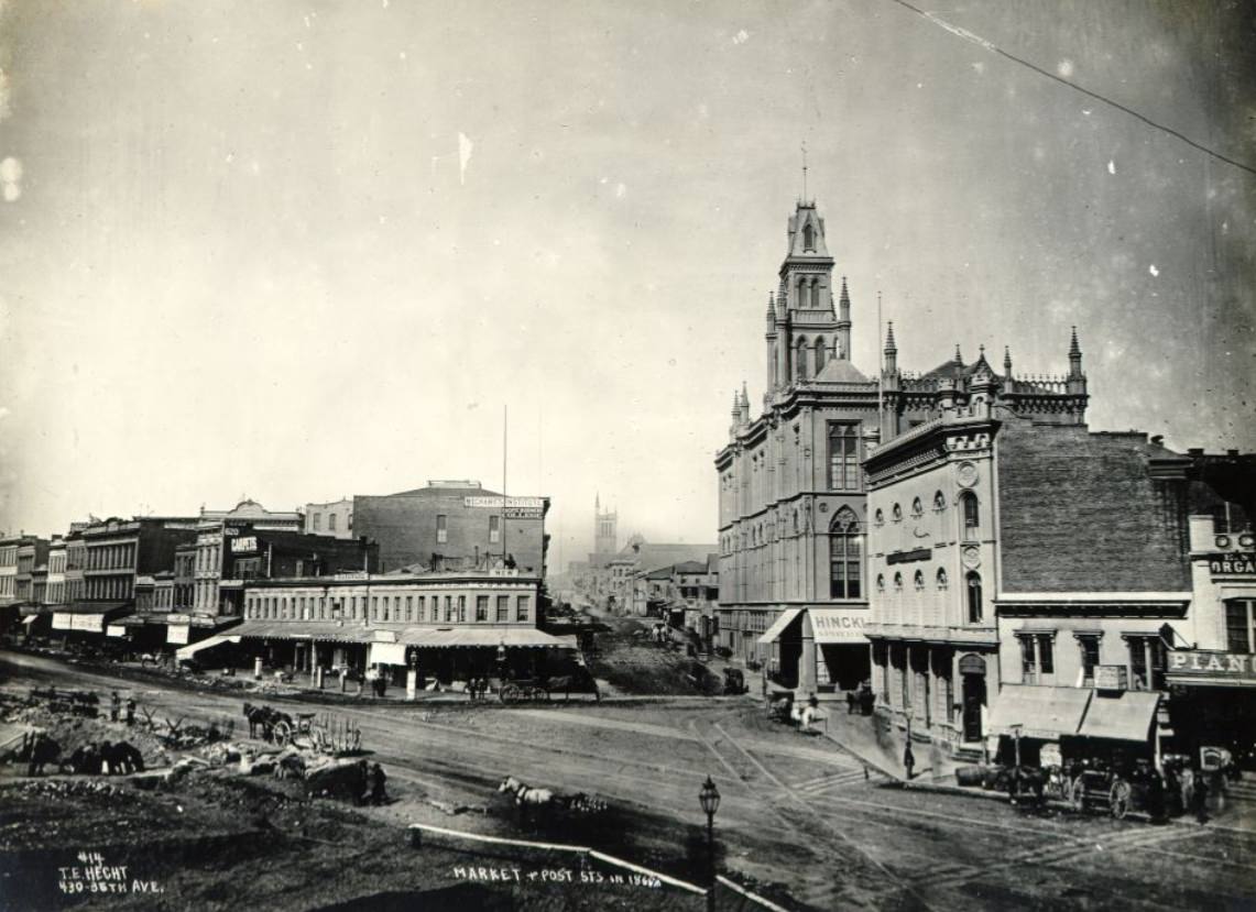 Market and Post streets, excavating for the Grand Hotel on the left, 1869
