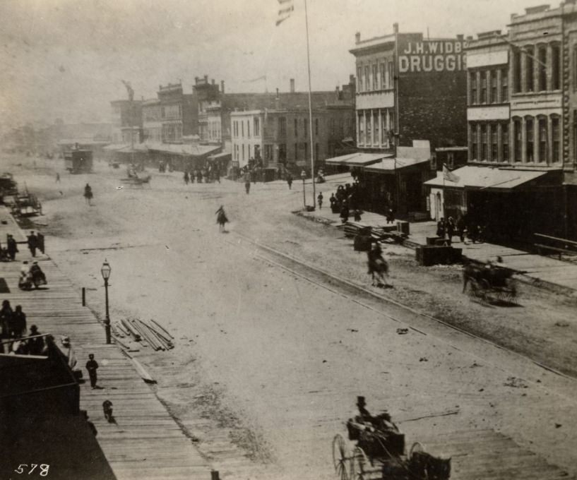 Market and Kearny streets with steam dummy, 1864