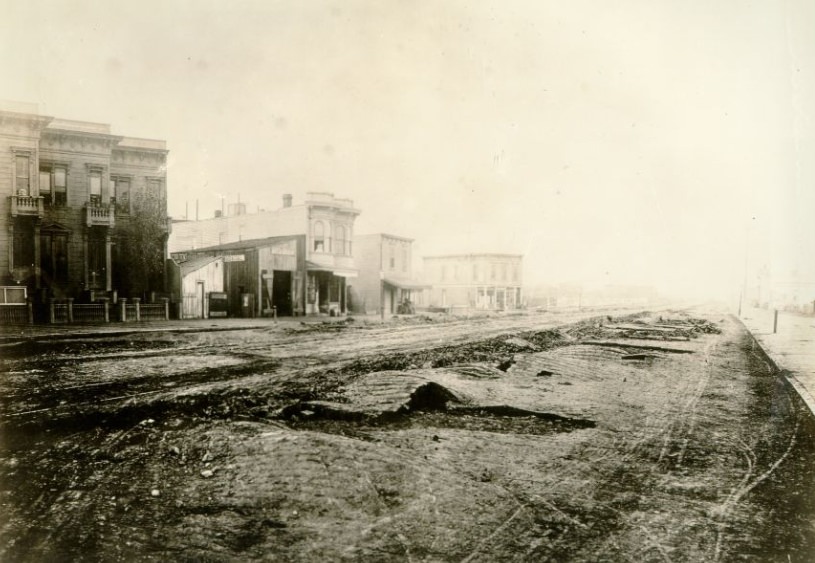 Market Street, east of Van Ness Avenue, with brick pavement warped by the earthquake of October 21, 1868