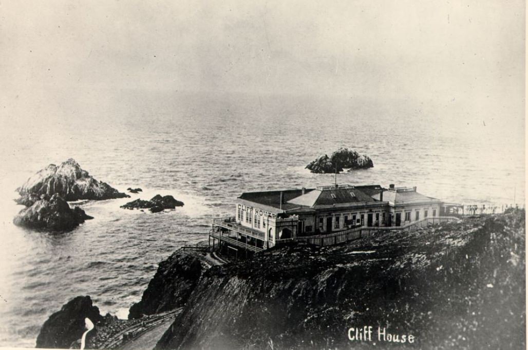 Cliff House and Seal Rocks from Sutro Heights, 1870s