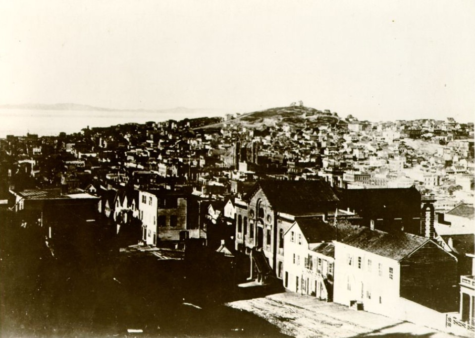 Powell Street, corner of Clay, 1870, featuring Girl's High School and Telegraph Hill