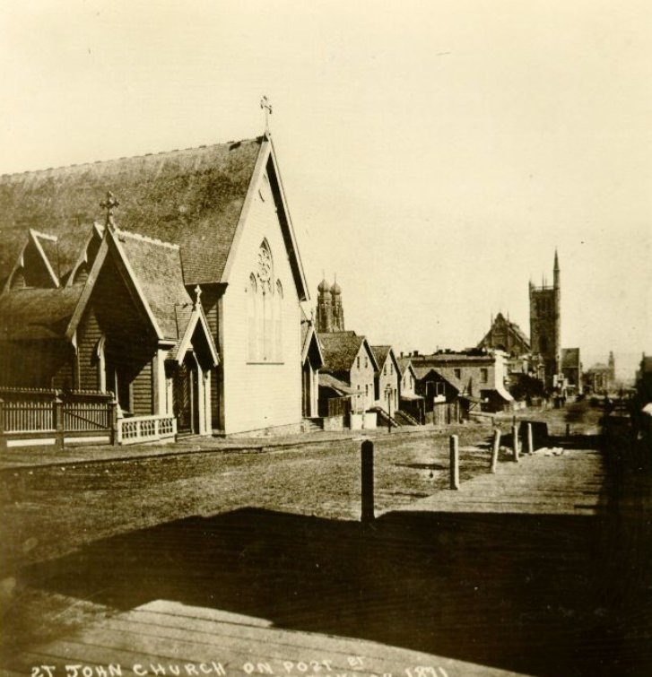Post Street, east of Taylor with St. John's Church, 1871