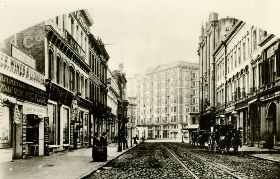 A glimpse of the Palace from Montgomery and Sutter Streets, 1876