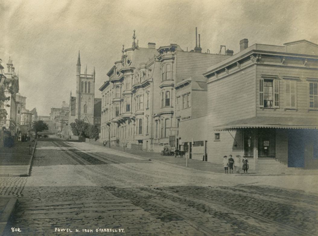 Powell north from O'Farrell Street, circa 1878