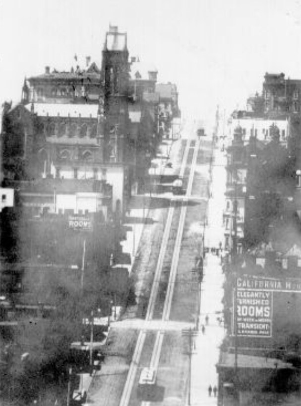 California Street after the cable car line was built, 1870s