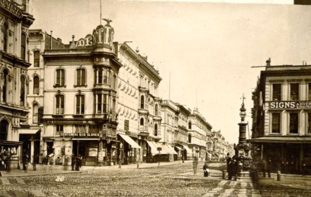 West side of Kearny Street, north from Lotta's Fountain, 1870