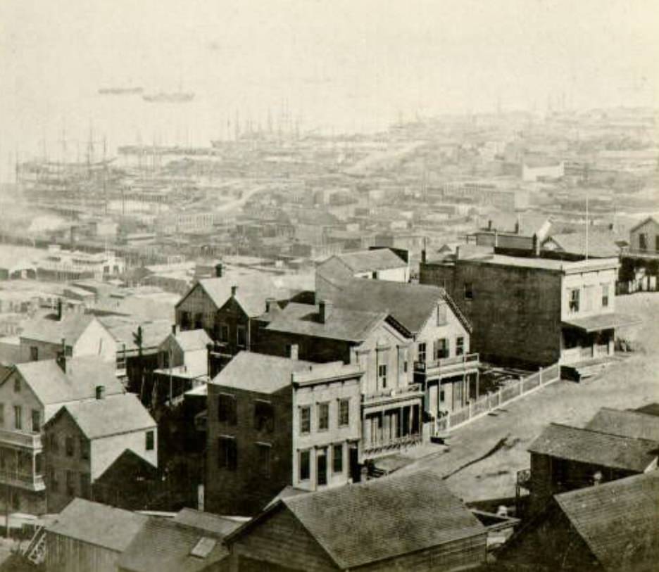 Aerial view of Montgomery Street overlooking the bay, 1870s
