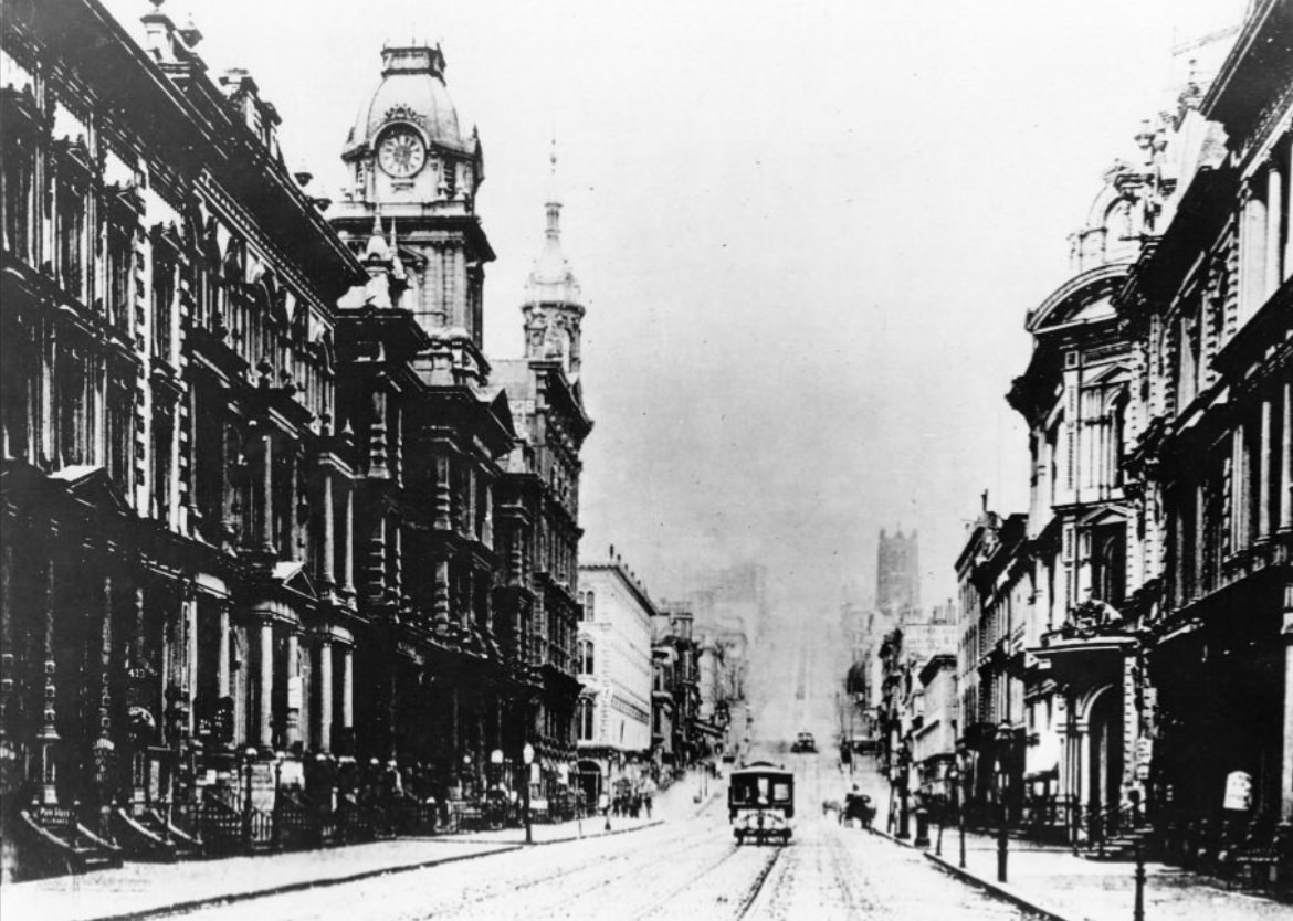 California Street west from Sansome Street, 1879