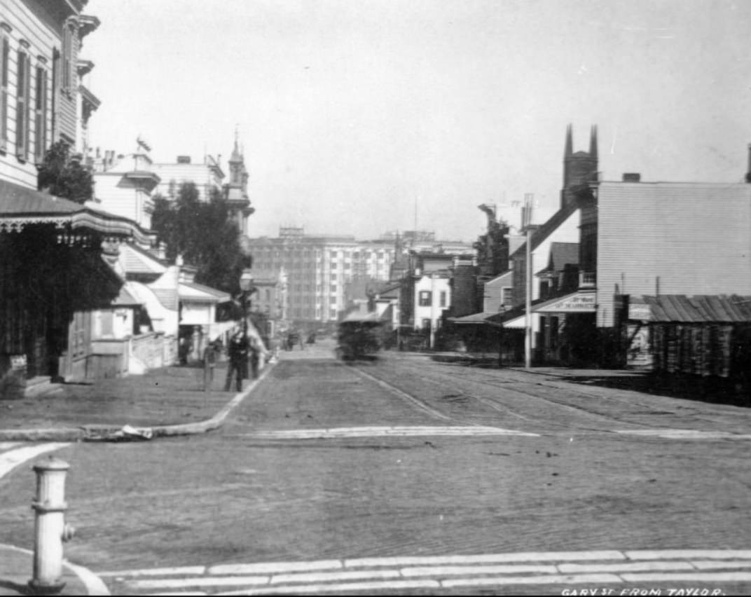 Geary Street, view east from Taylor Street, circa 1875