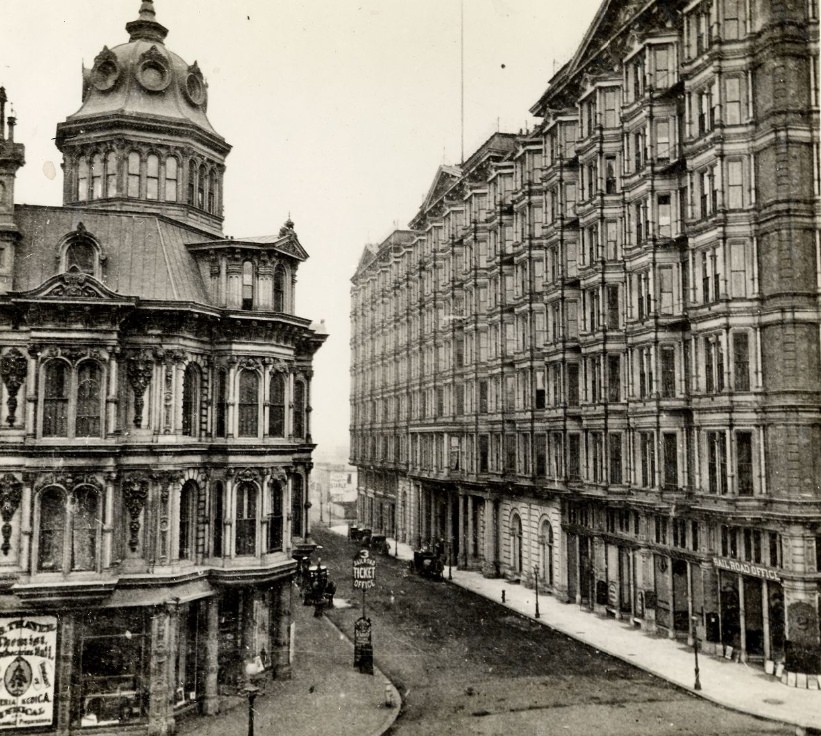 New Montgomery from Market Street with Palace Hotel, 1876