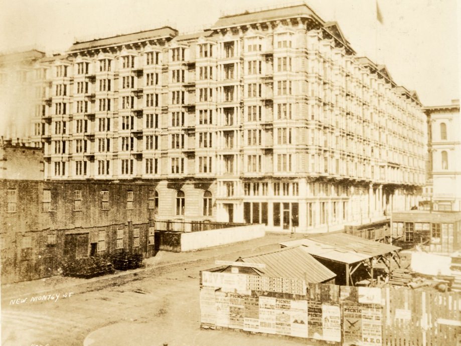 New Montgomery and Annie streets, showing the Palace Hotel, 1876