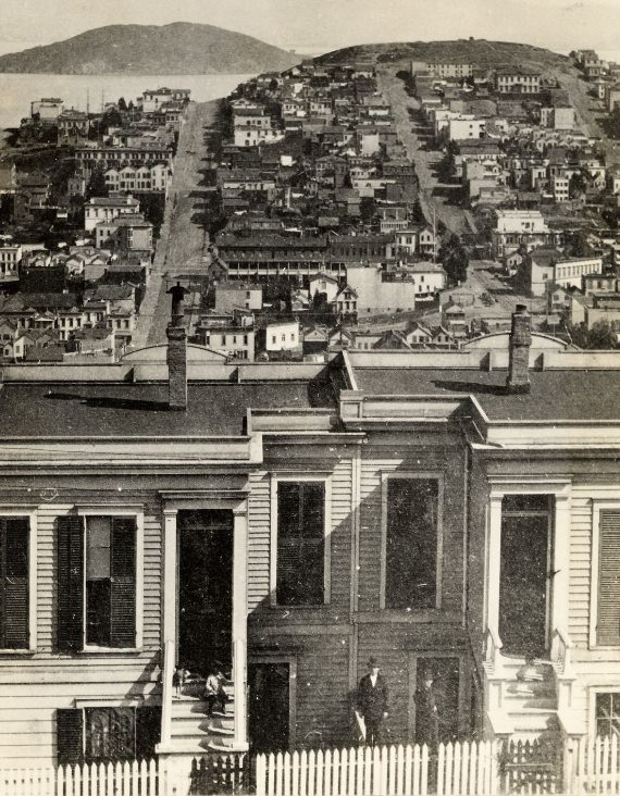 Looking east from Russian Hill to Telegraph Hill & Yerba Buena Island, Lombard St. to the left, Columbus Ave. in the valley, 1877