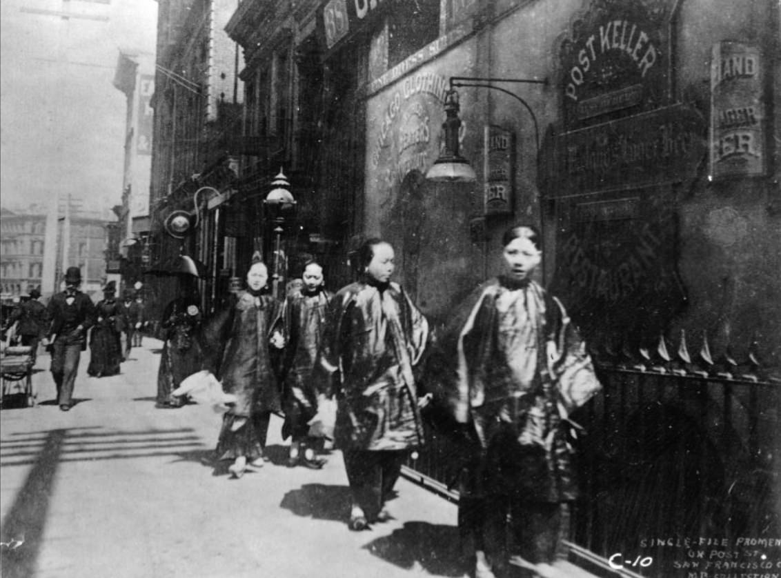 Pedestrians on Post Street, 1870s