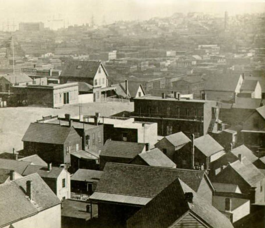 Aerial view of Union and Montgomery Street, 1870s